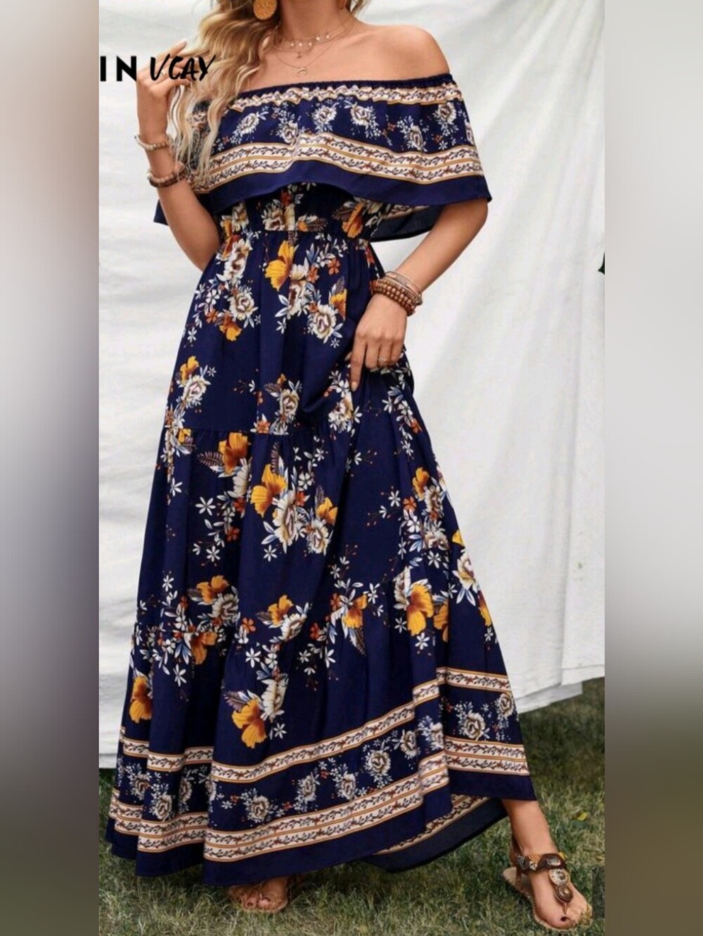 SHEIN Navy Blue Off-Shoulder Floral Maxi Dress